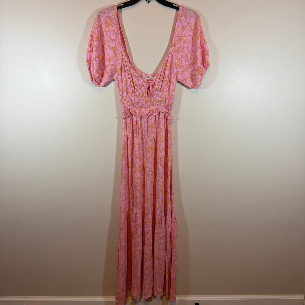 Billabong Sweet On You Maxi Dress Womens XS Pink Orange Floral Print Puff Sleeve